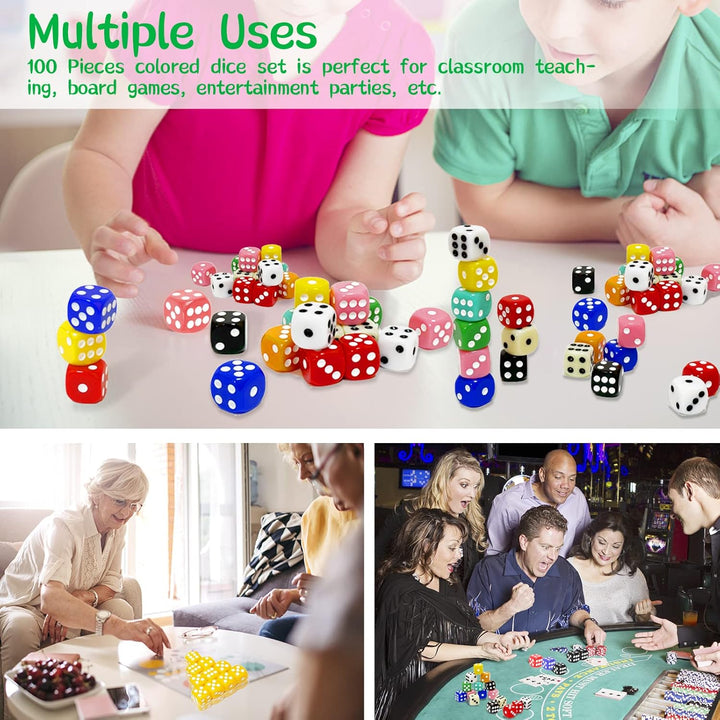 100 Pieces 16MM Dice Set, 6 Sided Standard Colored Dices with Portable Plastic Box, Opaque 10 Colors Games Dice for Board Games, Parties, Classroom Math Bulk Dice