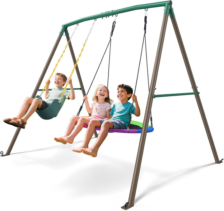 440Lbs 2 Seat Swing Sets for Backyard, 1 Saucer Swing and 1 Belt Swing with Heavy Duty Outdoor A-Frame Metal Swing Stand for Playground, Playset