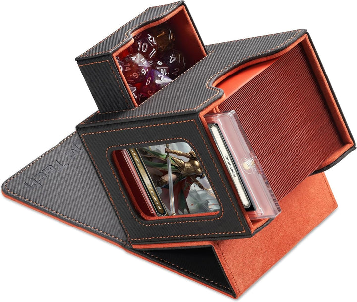 Card Deck Box for MTG Commander - Patented Design, Commander Display, Fits 100 Double-Sleeved Cards, 35Pt Card Brick & Dice Tray - Black/Red