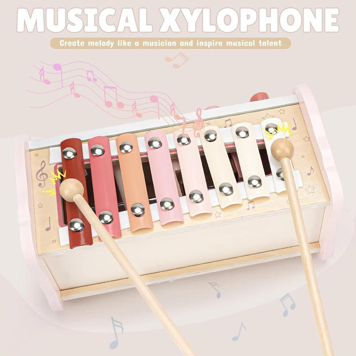 Montessori Toys for 1 Year Old Girl Gift - Pink Wooden Hammering Pounding Toy with Xylophone & Fishing Game - Toddler Learning Activities for Kids 1+ 2 3 Year Old Christmas Birthday Gifts