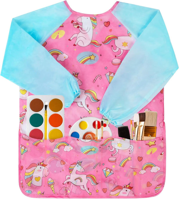 Smocks for Kids, Toddler Art Smock Artist Painting Aprons Waterproof Long Sleeve with 3 Pockets for Age 2-6 Years