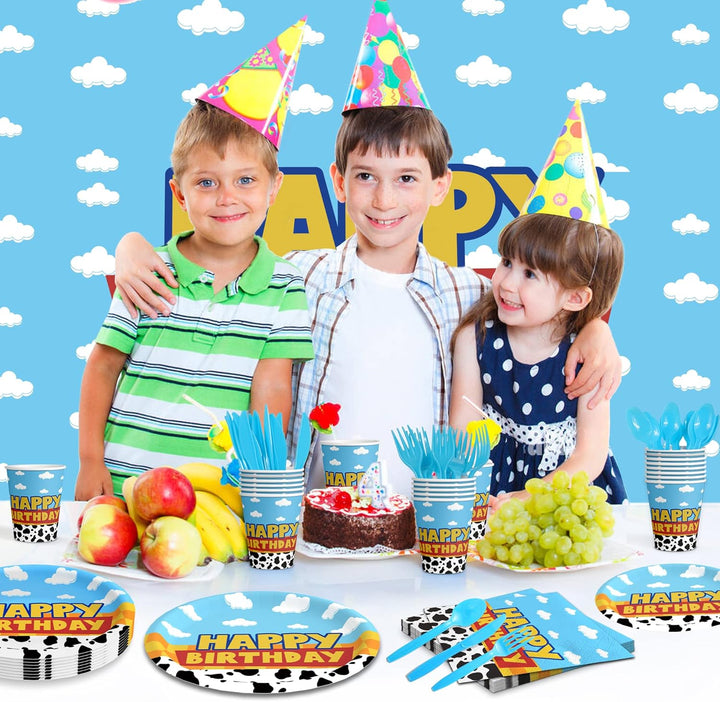 175Pcs Cartoon Birthday Party Supplies Cow Print Birthday Party Decorations Cartoon Plates and Napkins Tableware Set Blue Cloud Cow Print Party Supplies Kids 1St 2Nd 3Rd 4Th Party Decor