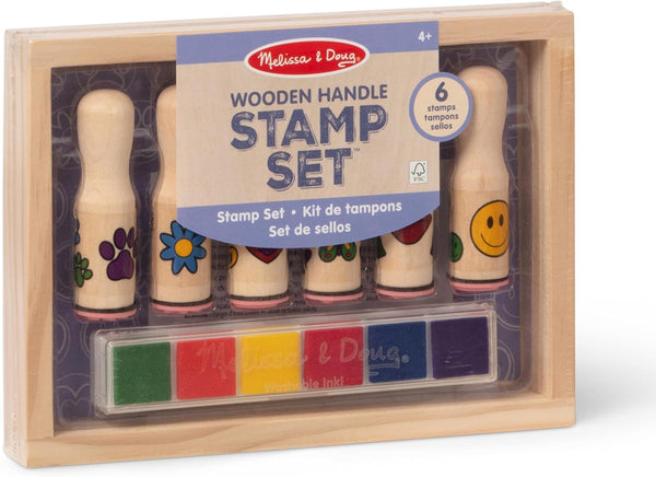 Happy Handles Wooden Stamp Set: 6 Stamps and 6-Color Stamp Pad