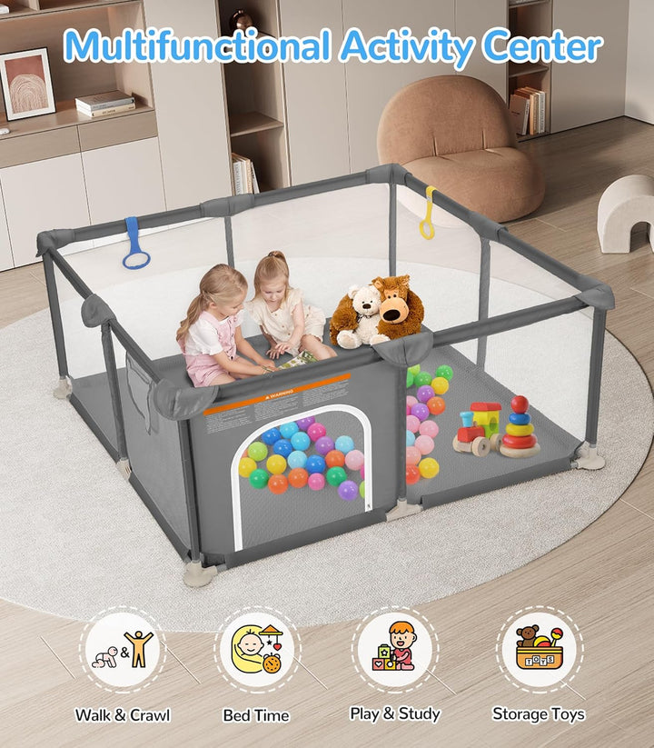 Baby Playpen, 48"×48" Play Pens for Babies and Toddlers, Safe Anti-Fall Play Yard with Gates, Baby Fence with Breathable Mesh, Indoor & Outdoor Kids Activity Center, Anchor Grey