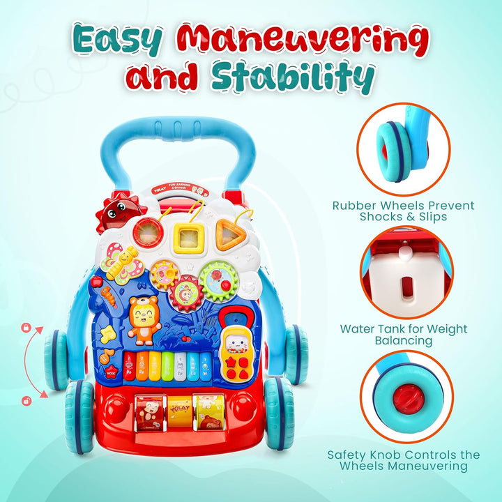 Baby Walker Push with Wheels, Sit-To-Stand Walker for Baby Boy and Girl 6-12 Months with Detachable Play Panel, Stable Handle, Early Learning Activity for Kids - Blue