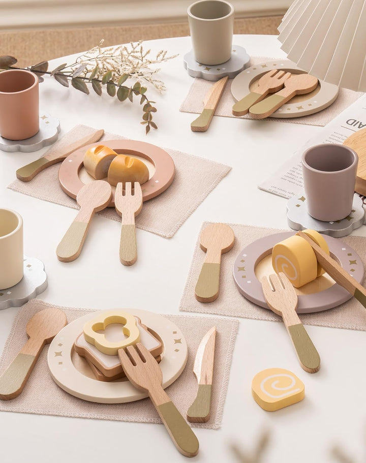 4-Set Wooden Play Dishes Set - Montessori-Inspired Play Food Accessories for Kids, Pretend Play Kitchen Set for Toddlers, Role Play Gift for Boys and Girls