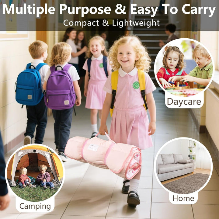 Lightweight Toddler Nap Mat Perfect for Warm Sleepers, Portable Sleeping Bag with Removable Pillow and Fleece Blanket, Washable, Great for 3 Seasons, Daycare, Preschool, Boy and Girls