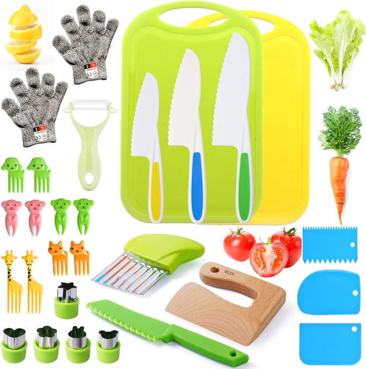 Kids Knife Set for Real Cooking Toddler Kitchen Tools Include 4 Serrated Edges Plastic Safe Knives,Crinkle Cutter Y Peeler Cutting Boards Wood Kids Knife, Kitchen Gloves, Fruit Forks and Dough Cutters