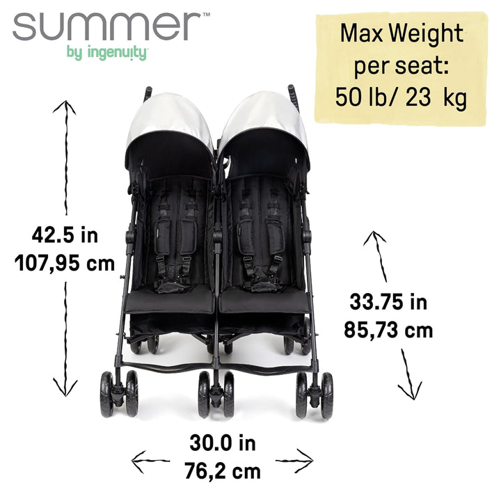 3Dlite Folding Lightweight Side by Side Double Stroller with 5-Point Safety Harness for Infants and Toddlers, Black