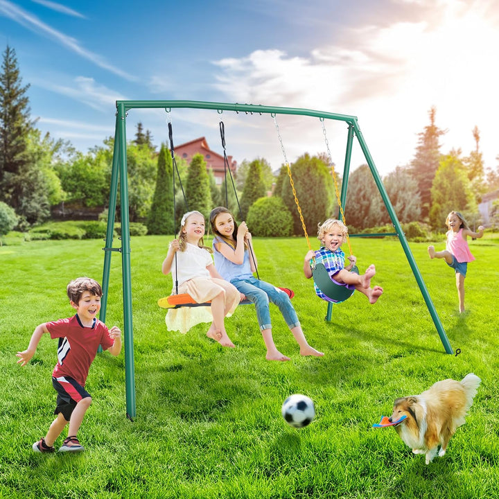440Lbs 2 Seat Swing Sets for Backyard, 1 Saucer Swing and 1 Belt Swing with Heavy Duty Outdoor A-Frame Metal Swing Stand for Playground, Playset