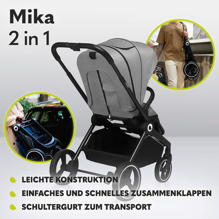 Mika 2-In-1 Combination Pushchair Baby Carrycot Pram Buggy Rain Cover Shoulder Strap for Transport Mattress Mosquito Net Foot Cover Waterproof Material Rubber Wheels (Grey Stone)