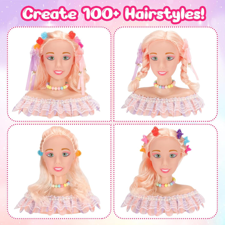 42PCS Pretend Play Hair Styling Doll Head Makeup Kit for Girl, Hair Makeup Salon Doll Toy Kid, with Hairdryer Curling Iron Eye Shadow Powder Hair Clip Set Birthday for 3+ Girl Year