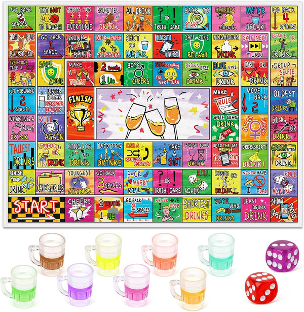Drinking Board Game for Adults with Non-Slip Rubber Mat, Interactive Drinking Party Games for Game Night, Bachelorette, Girls Night, Birthday, Couples, Family Game Night, 2-8 Players Age 21+