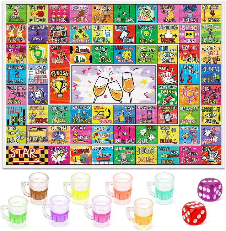 Drinking Board Game for Adults with Non-Slip Rubber Mat, Interactive Drinking Party Games for Game Night, Bachelorette, Girls Night, Birthday, Couples, Family Game Night, 2-8 Players Age 21+