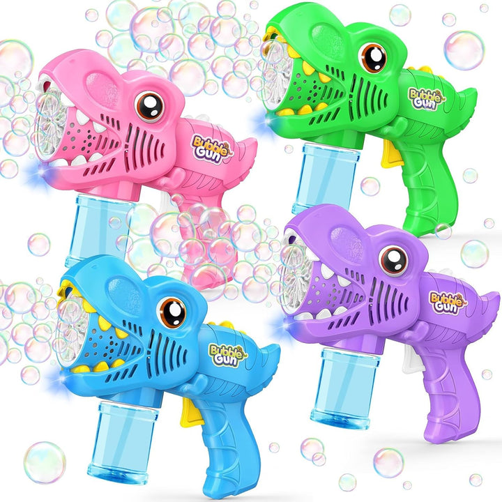 Kids Bubble Gun 2 Pack Dino Bubble Machine Gun for Toddlers with 4 Solutions Automatic 13-Hole Bubbles for Kids Blower Maker Easter Basket Essentials Stocking Stuffers Gift Party Favors for Boys Girls