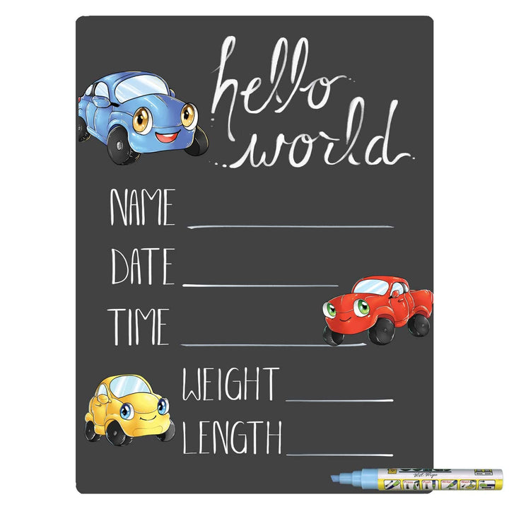 Hello World Newborn Baby Announcement Chalkboard Sign with Automobile Theme, 12 by 16 Inches, No Marker