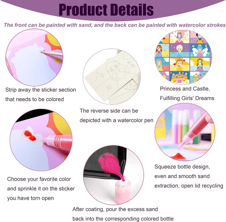 Sand Art Kits for Kids,16 Arts and Crafts Designs,Sheet Sand Art Painting Cards,Princess and Castle Theme,Reusable Sand Tray 12 Color Sands & Tools,Stocking Stuffers for Kids