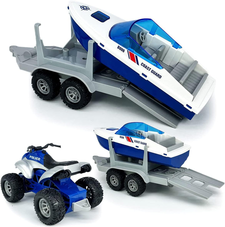 Large ATV Toy with Trailer Speedboat Tow Truck Flatbed Transport Police Motorcycle Toy Vehicle 2 in 1 Playset, Light Sound, Toys Trucks for Boys 3 4 5 6 7 Years Old Kids Toddlers Birthday Gifts, Blue