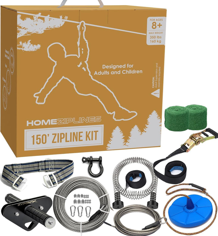 Zip Line for Kids and Adults up to 350 Lbs, 100/150/200 Ft Backyard Zipline Kit with Safety Harness, Quick Setup, Spring Brake System, Cushioned Seat, Rustproof Stainless Steel Cable