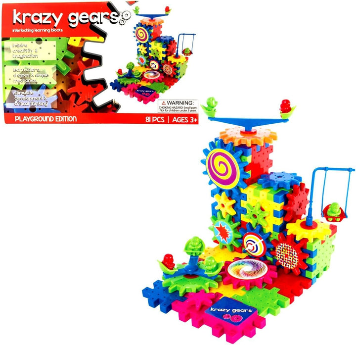Gear Building Toy Set - Interlocking Learning Blocks - Motorized Spinning Gears - 81 Piece Playground Edition