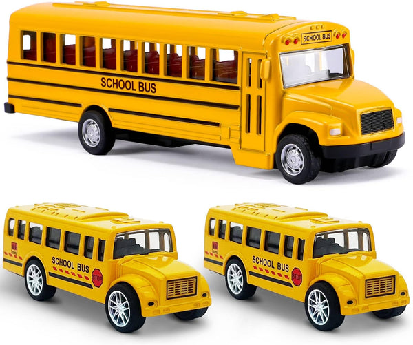 3 Pack Pull Back School Bus Playset, Die-Cast Metal Toy Vehicles with Bright Yellow for Boys Girls Kids Toddlers