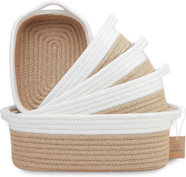 5-Piece Rectangle Storage Basket Set- Natural Cotton Rope Woven for Organizing! Small Basket for Montessori, Baby Nursery, Dog Toy Baskets, Cat Toy Box, Bathroom Organization Bin