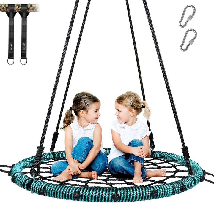 750Lbs 40" Spider Web Saucer Tree Swing for Kids Adults, Outdoor Net Swing with Steel Frame and 2 Hanging Straps-Blue