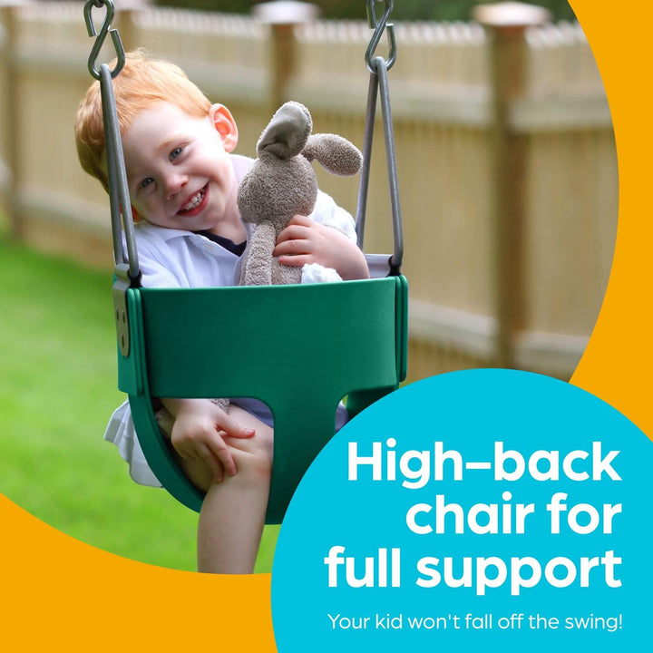 Baby Swing Outdoor - Heavy Duty Toddler Swing Set Accessories, High Back, Full Bucket Seat with Coated Chains for Outdoor Use - Fully Assembled - Green
