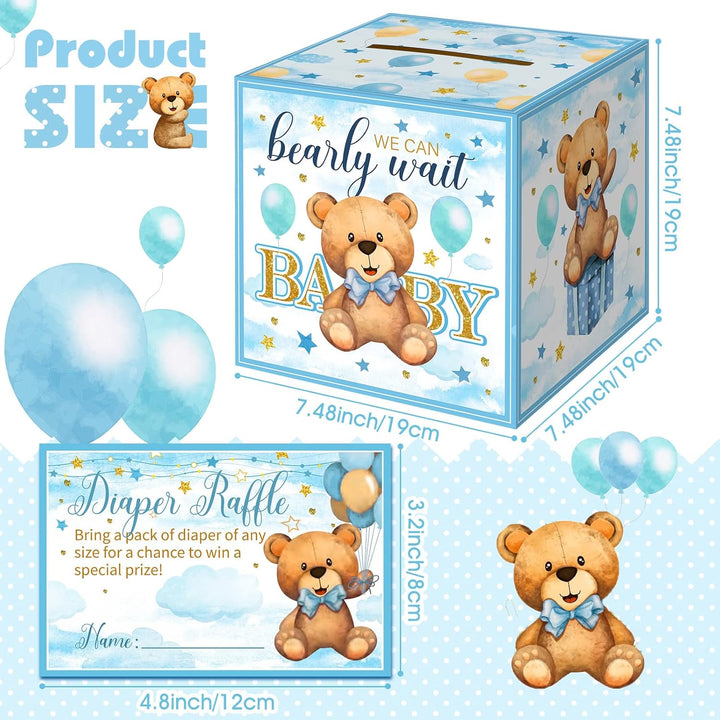 51 Pieces Bear Diaper Raffle Box with Tickets for Baby Shower Game Decoration Gender Reveal Party Blue Diaper Raffle Sign Bear Themed Insert Card Ticket Invitation Advice and Wishes