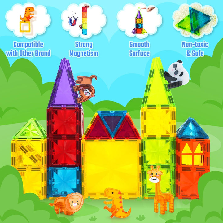 Magnetic Tiles 110PCS 3D Animals Magnet Tiles with 2 Cars Kids Magnetic Building Blocks STEM Educational Magnet Toy Construction Playboards Toys Gifts for Boys Girls Toddlers 3 4 5 6 7 8 9 Year Old