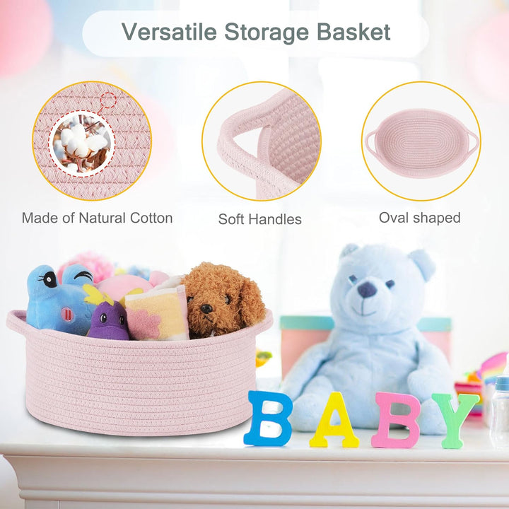 Small Woven Basket with Gift Bags and Ribbons, Gift Basket Empty, Cotton Rope Storage Organizer, Baby Toy Box with Handles, 12" X 8" X 5", Light Pink