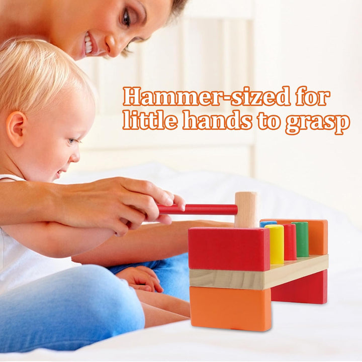 Wooden Hammer Toy for Toddlers 1-3, Montessori Pounding Bench Toy with 8 Pegs and Mallet for Hand-Eye Coordination, STEAM Toddler Toy