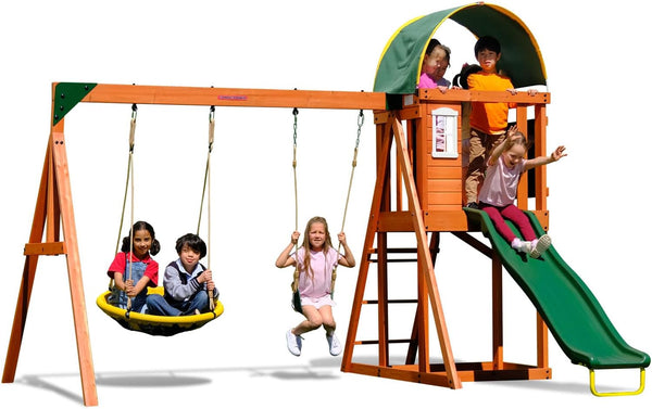 Amelia Heavy Duty Wooden A-Frame Swing Set: Saucer + Adjustable Swing, 6Ft Blow Molded Slide, Play Fort/Rock Climb Wall + Sandbox, EXCEEDS ASTM Safety Standards*Bonus Anchor Kit*