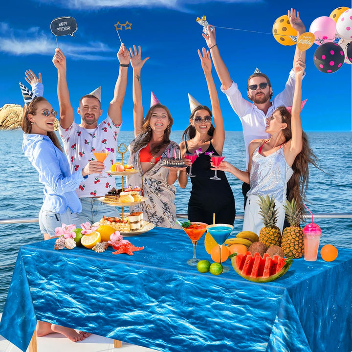 2 Pack Beach Party Decorations - Ocean Waves Plastic Tablecloth for Pool Party Decorations - Sea Water Print Table Cover for Summer Birthday Beach Theme Blue Backdrop Banner