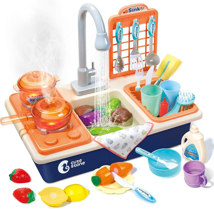 Color Changing Kitchen Sink Toys, Children Electric Dishwasher Playing Toy with Running Water, Upgraded Faucet, Automatic Water Cycle System Play House Pretend Role Play Toys for Boys Girls