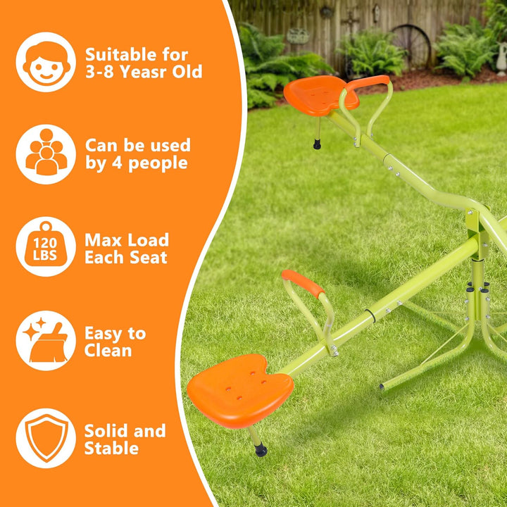 Teeter Totter Kids Seesaw, Outdoor Playground Equipment 360 Degrees Rotate All Steel Extendable Tubes for Toddlers Children Backyard, Green and Orange, 4 Seat