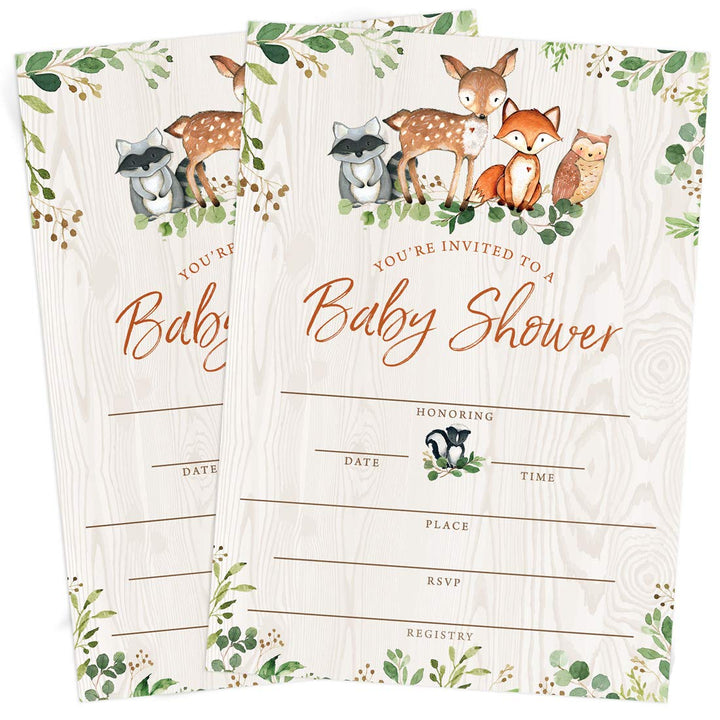 Baby Shower Invitations and Envelopes, Woodland Animals, Set of 25