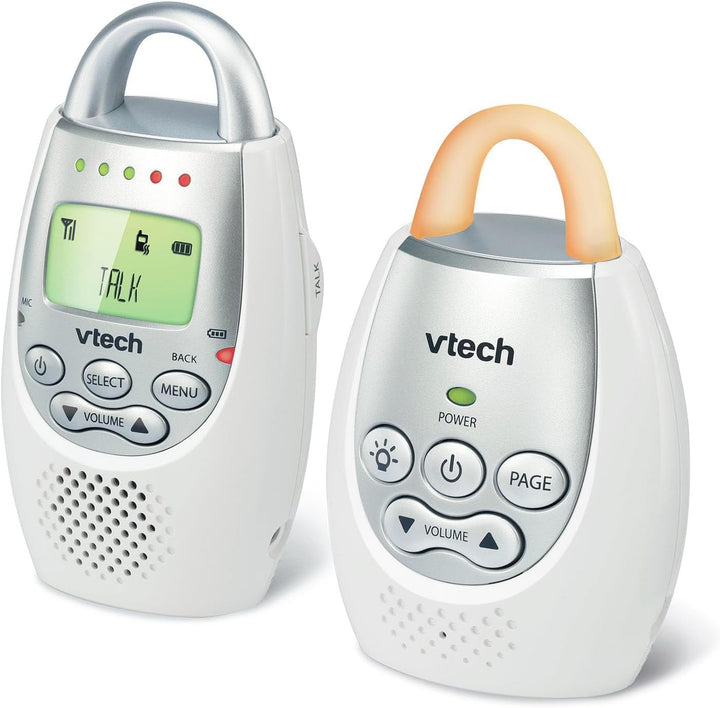 Communications DM221 Audio Baby Monitor with up to 1,000 Ft of Range, Vibrating Sound-Alert, Talk Back Intercom & Night Light Loop, White/Silver