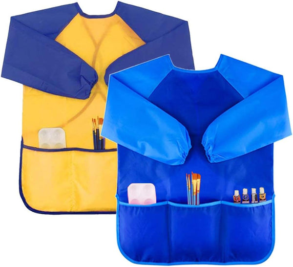 2 Pack Kids Art Smock Colorful Waterproof Children Art Aprons Artist Painting Aprons with Long Sleeve 3 Roomy Pockets for Age 3-7 Years,Yellow and Blue