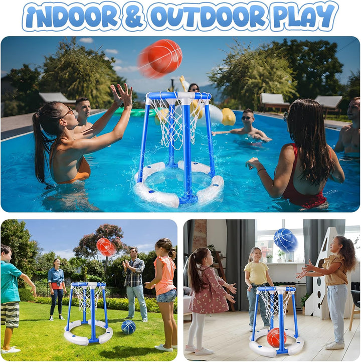 Pool Basketball Hoop Set, Floating Pool Basketball Game with Scoreboard & Whistle, Swimming Pool Toy Basket Ball Goal Poolside, Summer Indoor Outdoor Water Play Toy for Kids & Adults