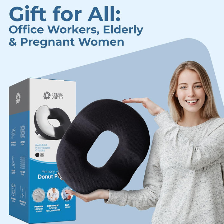 Donut Pillow Hemorrhoid Tailbone Cushion – Large Cushion for Pain Relief – Coccyx, Prostate, Sciatica, Pelvic Floor, Pressure Sores, Pregnancy, Postpartum Recovery, Black