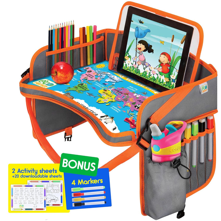 Kids Travel Tray - Waterproof Lap Table with No-Drop Large Tablet Holder - Car Seat Tray - Road Trip Essentials Kids - Car Desk Organizer for Airplane - Toddler Travel Essentials (Pink)