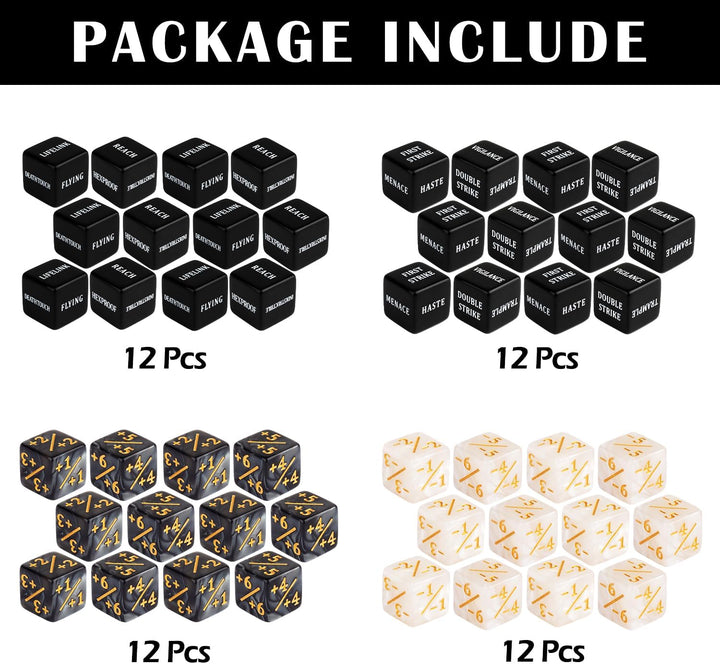 48 Pieces Abilities Keywords Counter Dice Black MTG Dice Counters Bulk Creature Stats Buff Tokens Dice Set for Magic the Gathering, MTG, TCG, Card Games Accessories