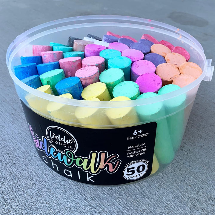Sidewalk Chalk for Kids - 50 Count, 12 Multicolor Jumbo Sticks - Non-Toxic & Washable Bulk Chalk Pack in Reusable Bucket - Easy Grip for Vibrant Outdoor Kids Activities