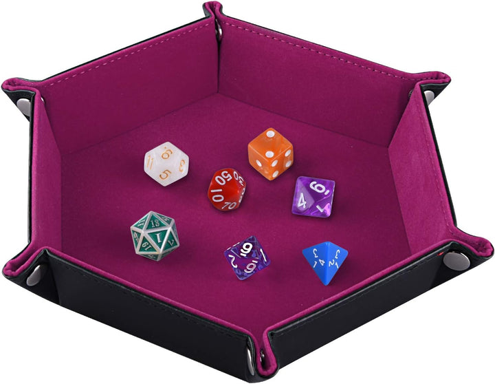 Double Sided Dice Tray, Folding Hexagon PU Leather and Velvet Dice Holder for Dungeons and Dragons RPG Dice Gaming D&D and Other Table Games, Dark Violet