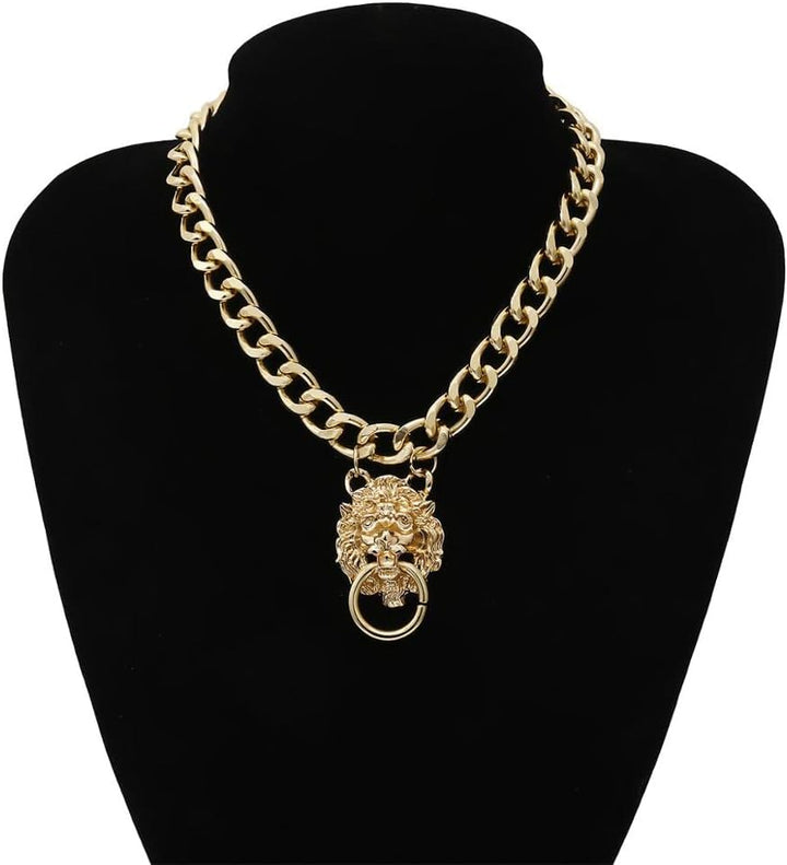 Punk Hip-Hop Gothic Short Chain Exaggerated Metal Lion Head Pendant Collar Necklace Women'S Gold Choker Jewelry Accessories