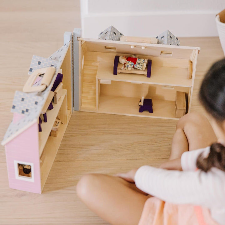 Fold and Go Wooden Dollhouse with 2 Dolls and Wooden Furniture,Multi,One Size