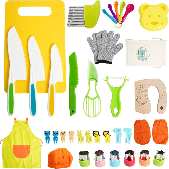 Kids Knife Set, 5 Pcs Montessori Kitchen Tools for Toddlers' Real Cooking, BPA Free Kids Safe Kitchen Cooking and Baking Set with Peeler, Cutting Board for Sandwich Bread Vegetable Fruit Present Gift