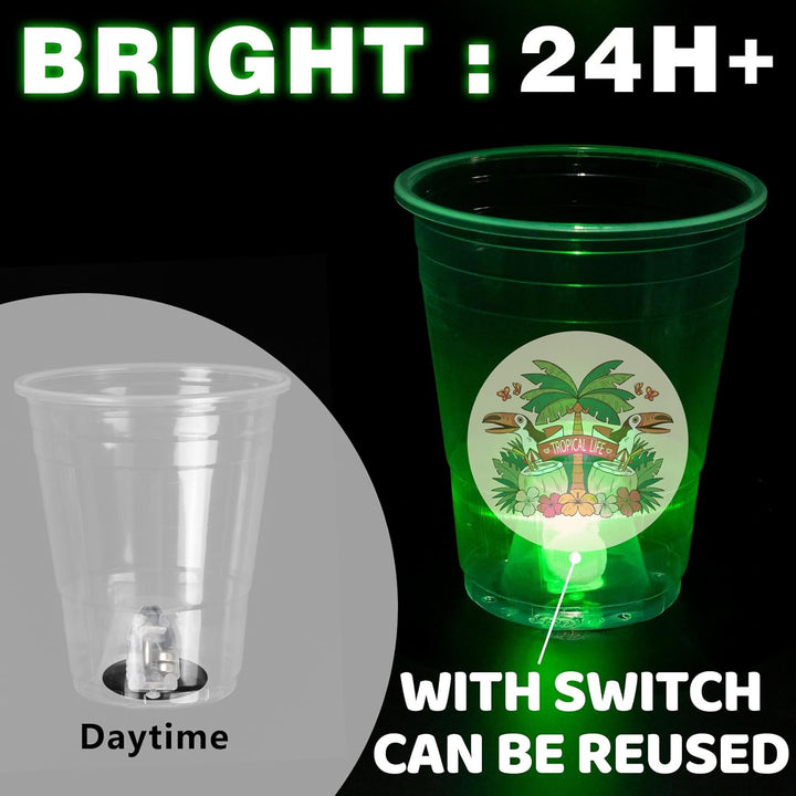 25 Light up Luau Cups for Hawaiian Moana Birthday Party Decorations - 16 OZ Glow in the Dark Plastic Tiki Party Cups for Tropical Aloha Luau Party Decor Supplies
