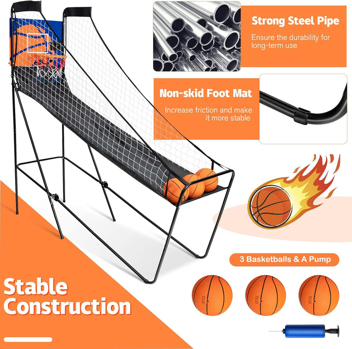 Electronic Basketball Game, Single Basketball Shootout with LED Scoreboard, 3 Basketballs & Pump, Easy Folding for Storage, Indoor Basketball Arcade Game for Kids Adults